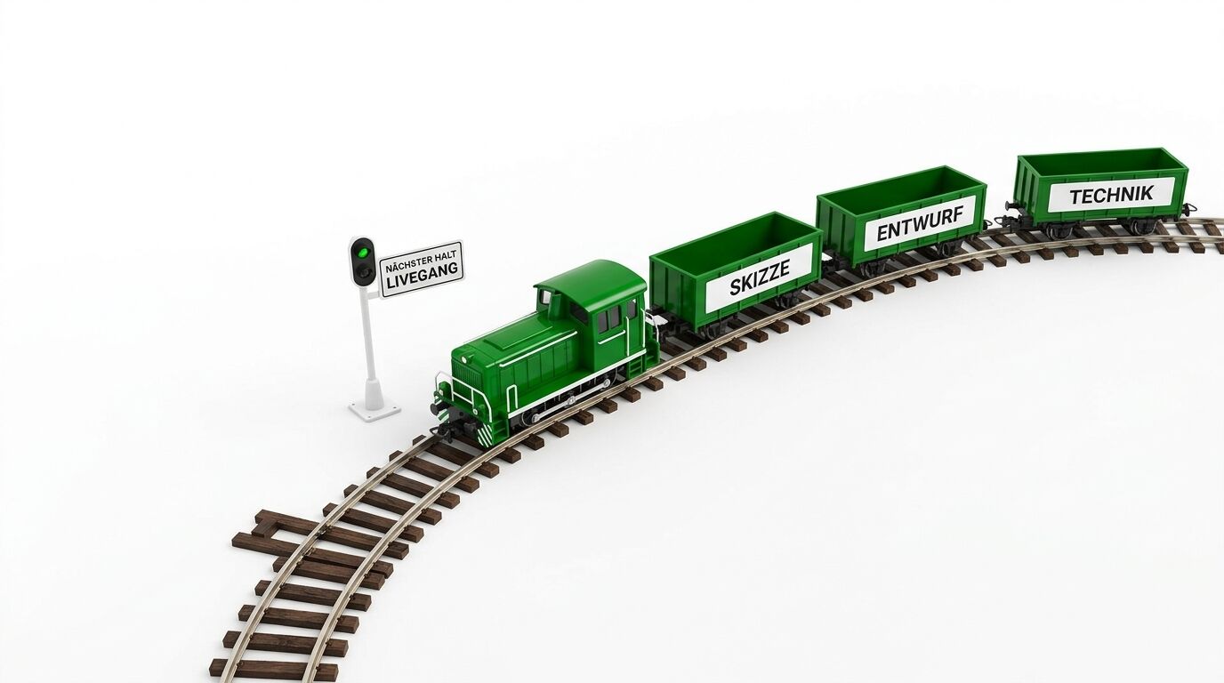 Grüne Modelleisenbahn mit Lokomotive und drei Güterwagen auf Schienen neben einem Bahnhofssignal