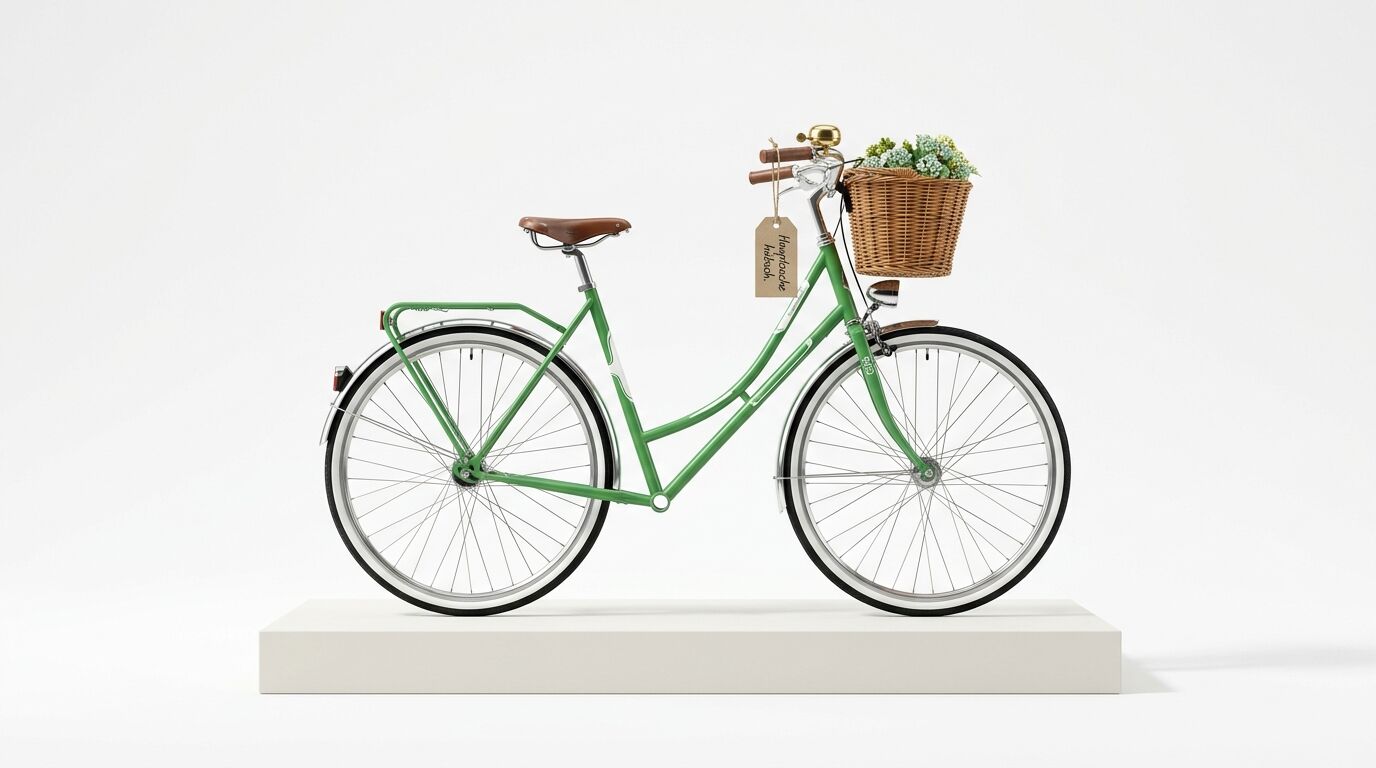 Grünes Damenfahrrad mit Korb, Blumen, Teleskop und Schild auf weißem Podest