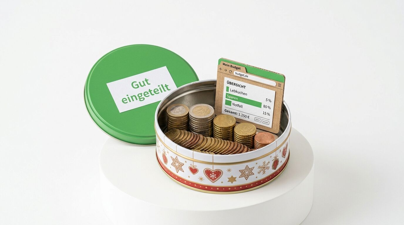 Grüne Dose mit "Gut eingeteilt"-Aufkleber, gefüllt mit Münzstapeln und einer Budgetplanungskarte zum Sparen