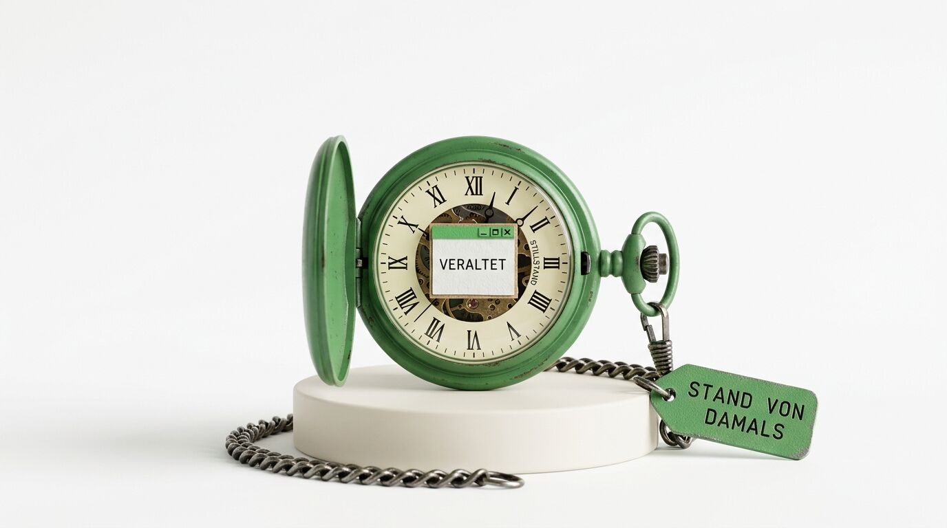 Grüne Taschenuhr "Veraltet" mit römischen Ziffern, offener Deckel, auf weißem Sockel mit Kette und Etikett "Stand von damals"
