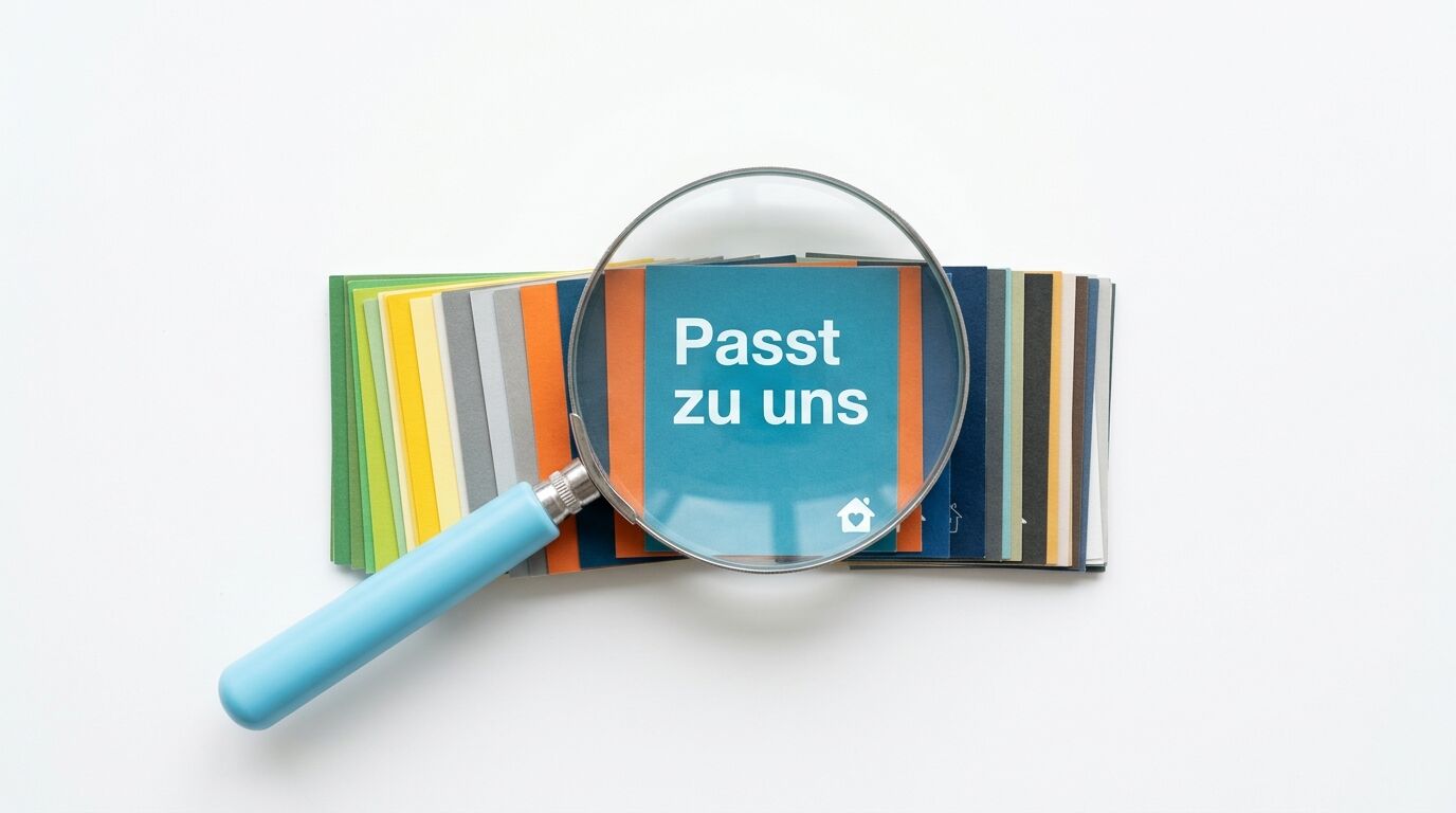 Farbmusterkatalog mit Lupe, die auf die Seite "Passt zu uns" zeigt, mit Haussymbol