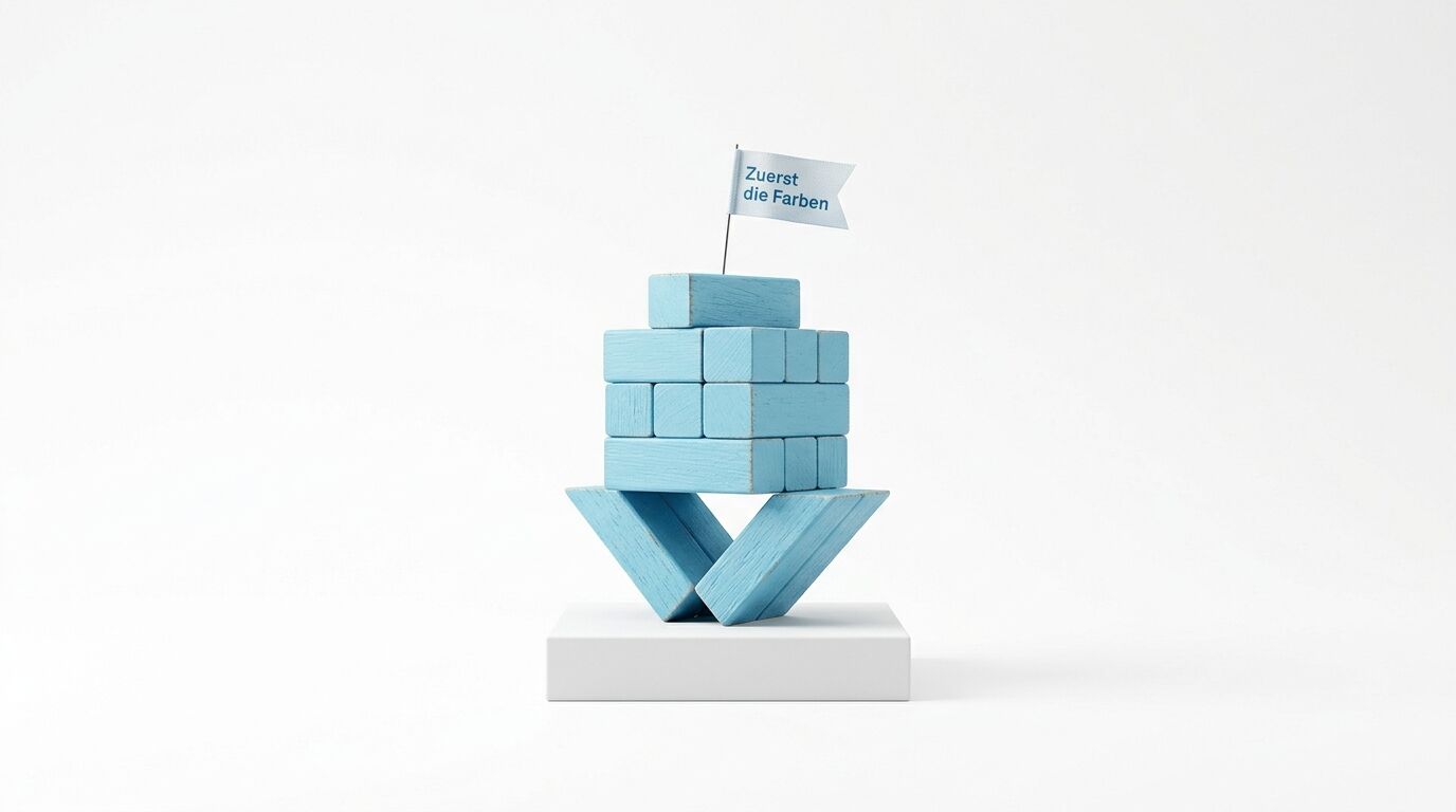 Stapel aus hellblauen Holzblöcken auf X-förmiger Stütze mit Flagge "Zuerst die Farben"