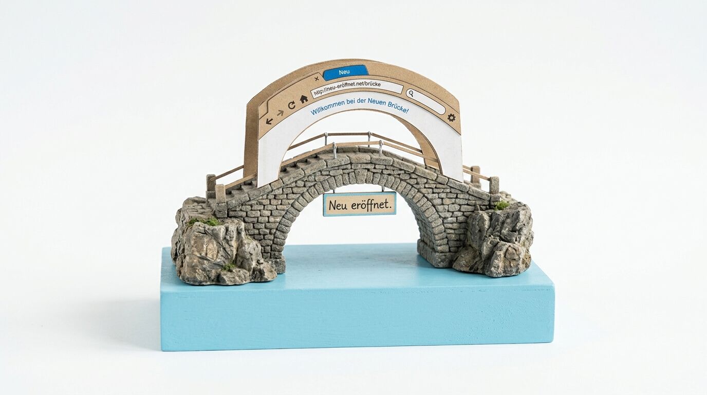 Kreative Objektskulptur: Eine steinerne Brücke mit Browserfenster-Design auf blauem Sockel, symbolisiert Website-Neueröffnung