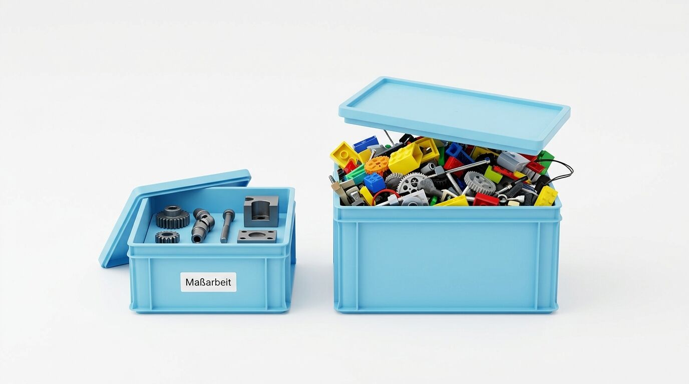 Zwei hellblaue Kunststoffboxen mit Deckel. Links kleinere Box mit Maschinenteilen, rechts größere Box mit bunten Bauteilen gefüllt