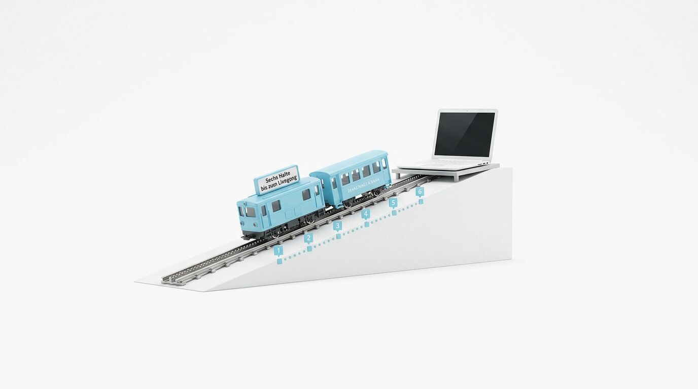 Modellzug fährt auf Schienen eine Rampe hinauf zu einem Laptop mit schwarzem Bildschirm
