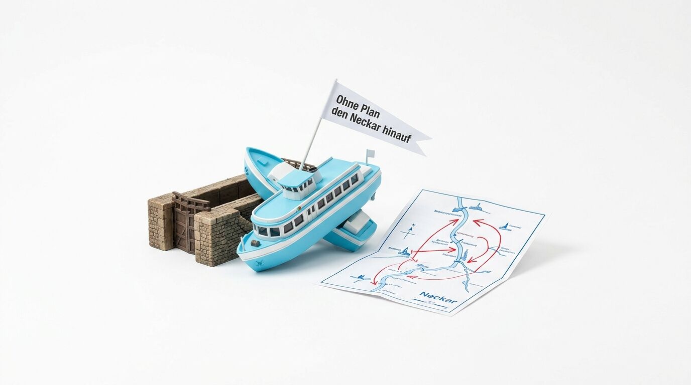 Spielzeugboot mit Flagge neben Schleuse und Neckar-Routenkarte auf weißem Hintergrund