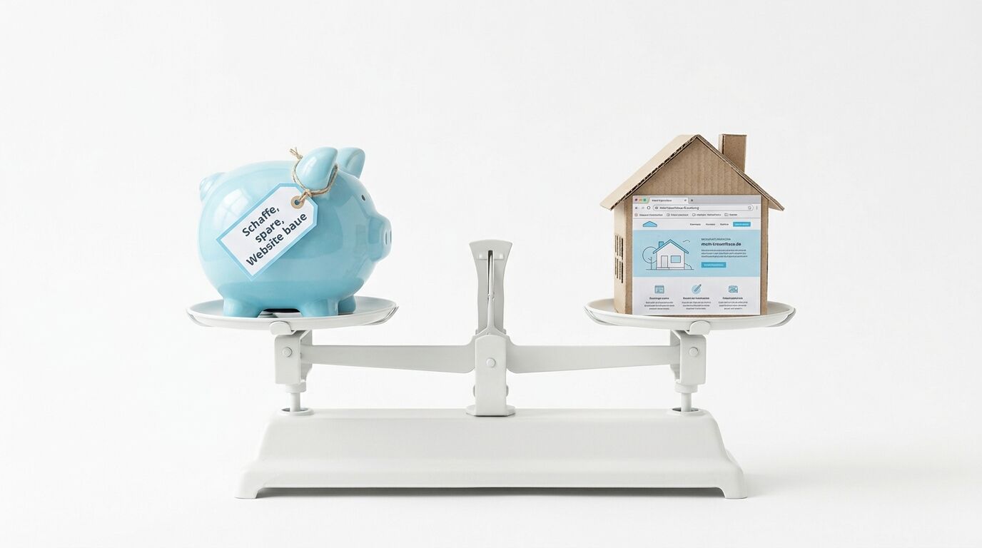 Eine Waage mit einem blauen Sparschwein auf der linken und einem Hausmodell mit Website auf der rechten Seite