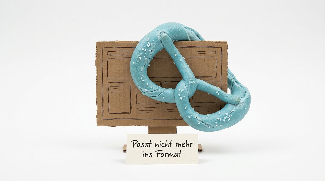 Cardboard monitor mit türkisem Bretzel-Objekt. Schild: „Passt nicht mehr ins Format"