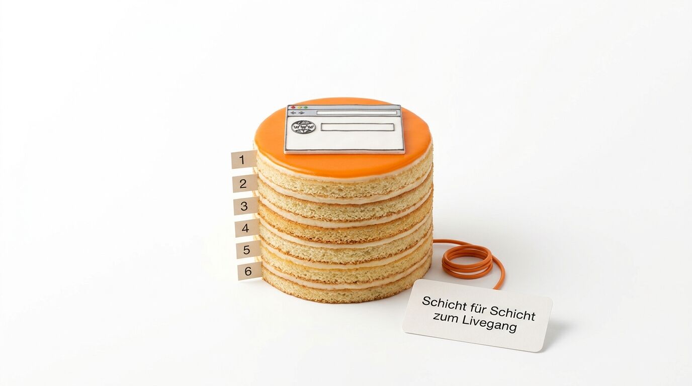 Gestapelte Kuchenschichten mit orangefarbenem Deckel, beschriftet 1-6, mit Anleitung zum Zusammenbau
