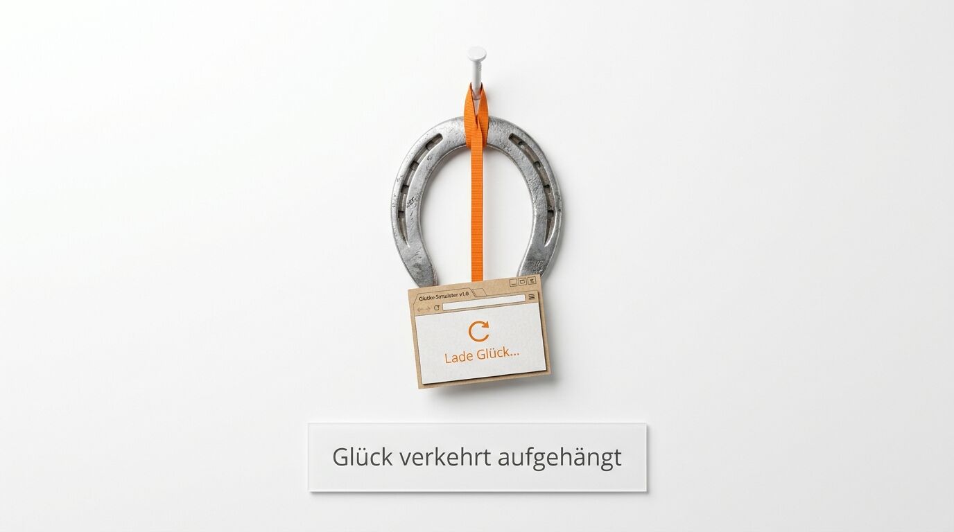 Hufeisen mit orangem Band und Etikett "Lade Glück..." hängend. Text: "Glück verkehrt aufgehängt"