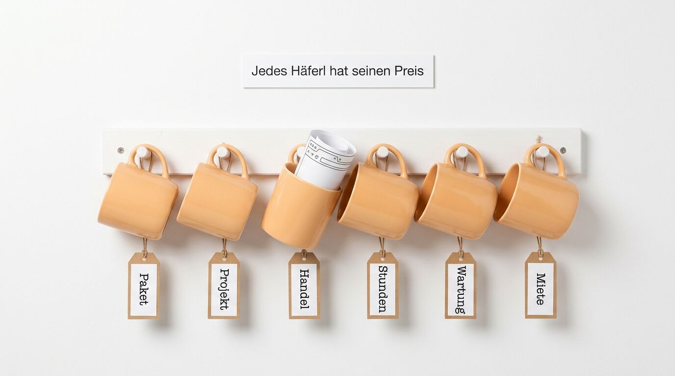 Sechs hölzerne Häferl an einer Leiste mit Etiketten: Parkett, Brokkoli, Härdel, Studen, Wartung, Märte