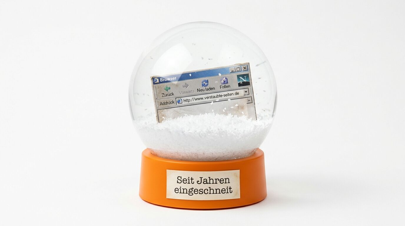 Schneekugel mit altmodischem Browser-Fenster und orangem Sockel mit Aufschrift "Seit Jahren eingeschnitten"
