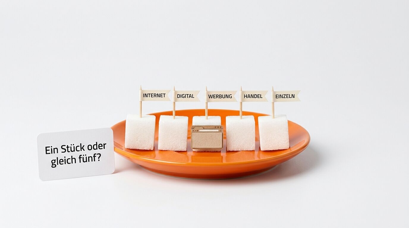 Orange Schale mit fünf Zuckerwürfeln und Flaggen beschriftet mit "Internet, Digital, Werbung, Handel, Einzeln". Frage: "Ein Stück oder gleich fünf?"