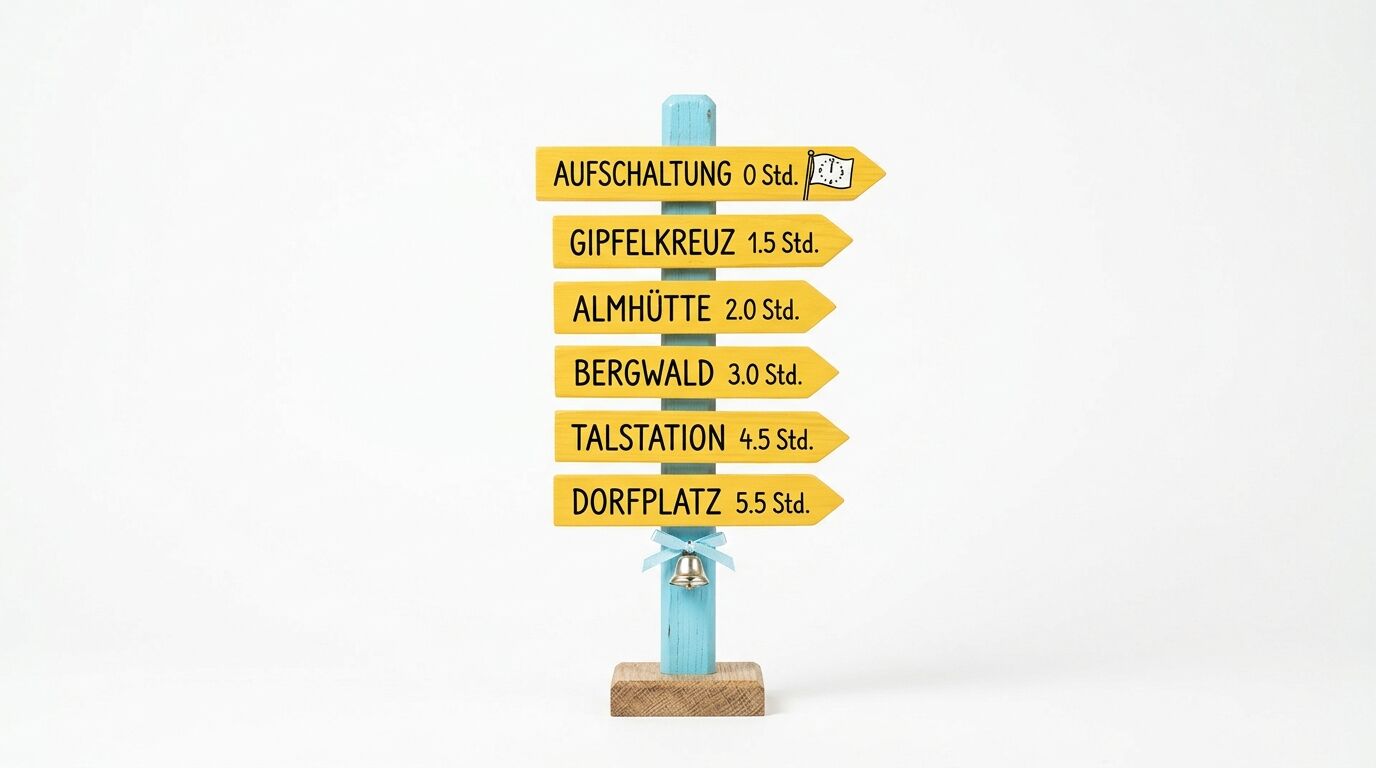 Wegweiser mit sechs gelben Schildern, die Orte und Entfernungen in Stunden anzeigen, montiert auf hellblauem Holzpfosten