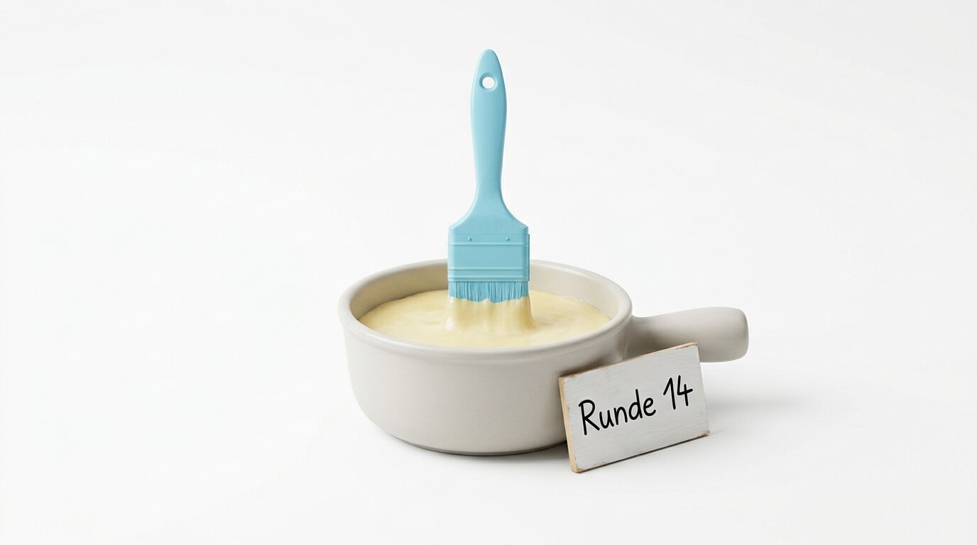 Weiße Schüssel mit cremefarbener Substanz, blauem Pinsel und Schild "Runde 14"