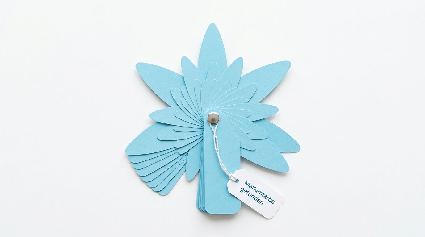 Hellblaue Papierblume mit mehreren Blütenblättern, Schnur und Anhänger mit Text "Markenfarbe gefunden"