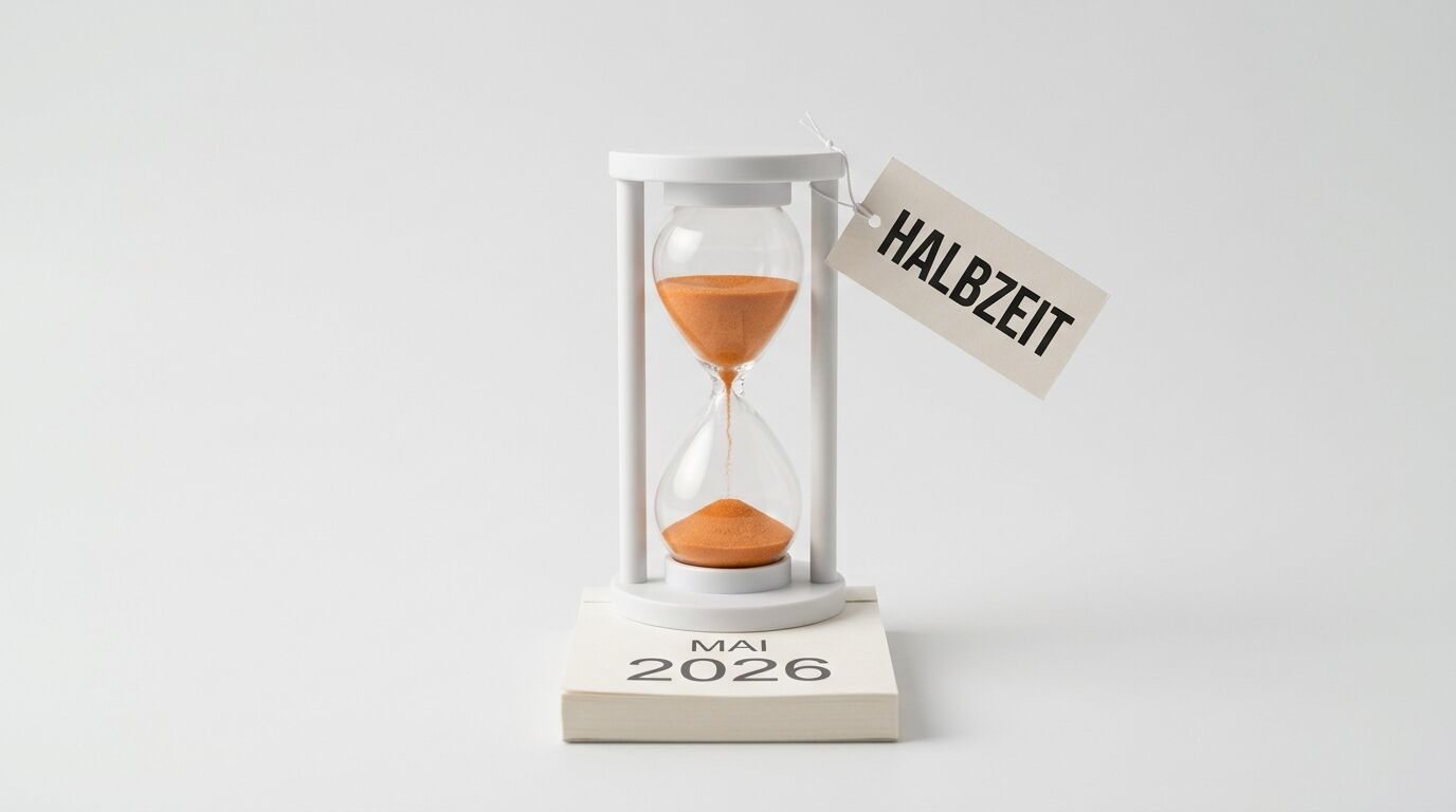 Sanduhr auf Kalender Mai 2026 mit Schild „HALBZEIT“, isoliert auf weiß
