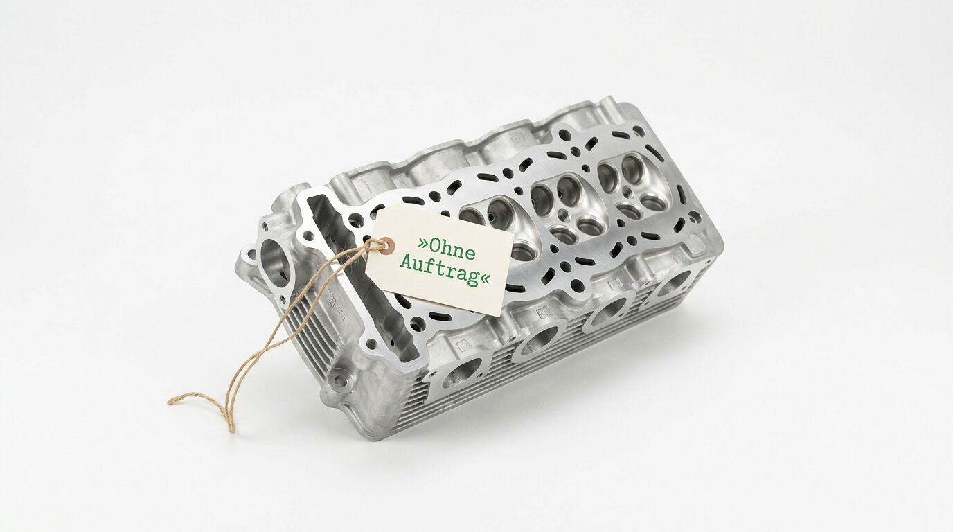 Aluminium-Zylinderkopf mit Etikett »Ohne Auftrag« vor weißem Hintergrund