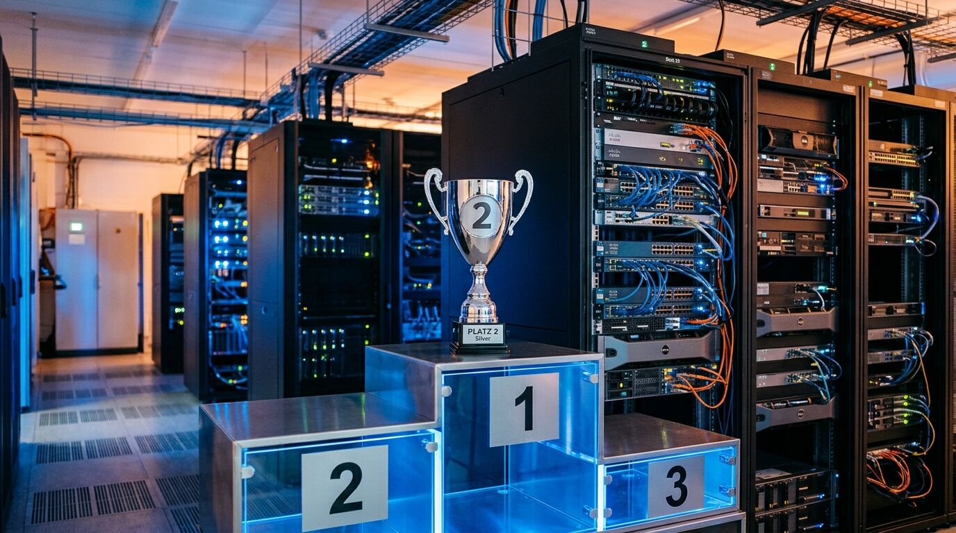 Rechenzentrum mit Server-Racks, im Vordergrund ein Siegerpodest mit Pokal für Platz 2
