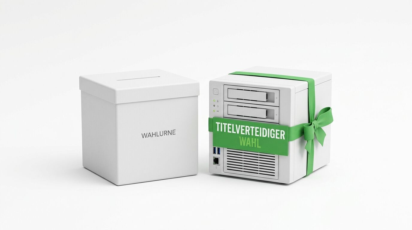Weiße Wahlurne und verpacktes NAS-Gerät mit grünem Band auf weißem Grund