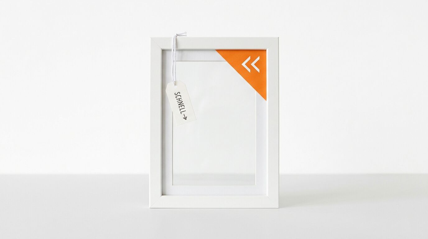 Ein weißer Rahmen mit Passepartout, orangem Dreieck, zwei Pfeilen, Schnur und Anhänger „SCHNELL →“