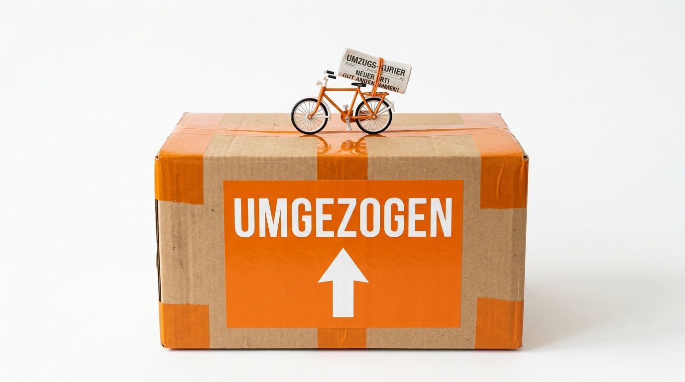 Umzugskarton mit Aufschrift UMGEZOGEN und Modellfahrrad mit Zeitung vor weißem Hintergrund