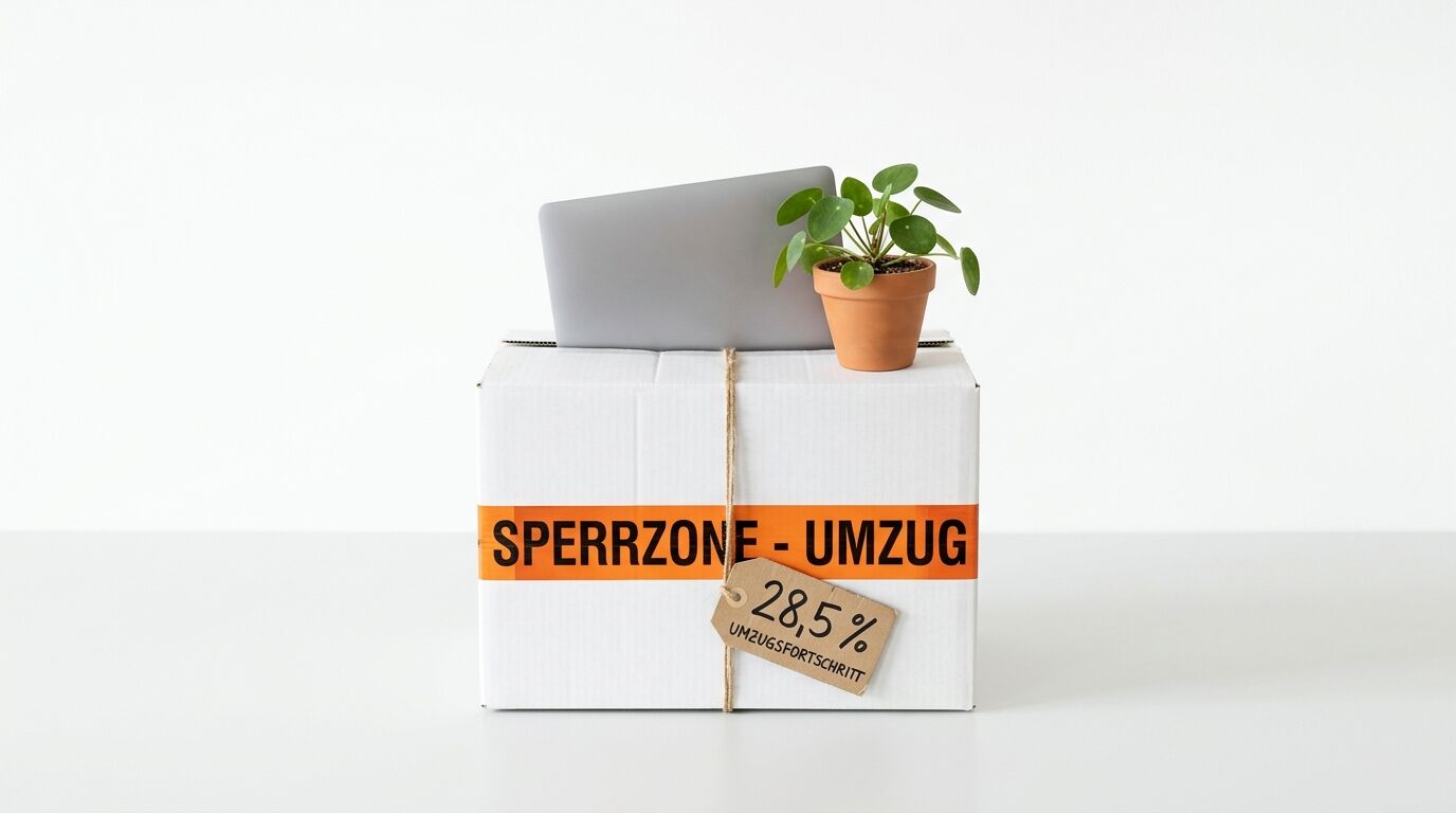 Karton mit Laptop, Pflanze und Klebeband