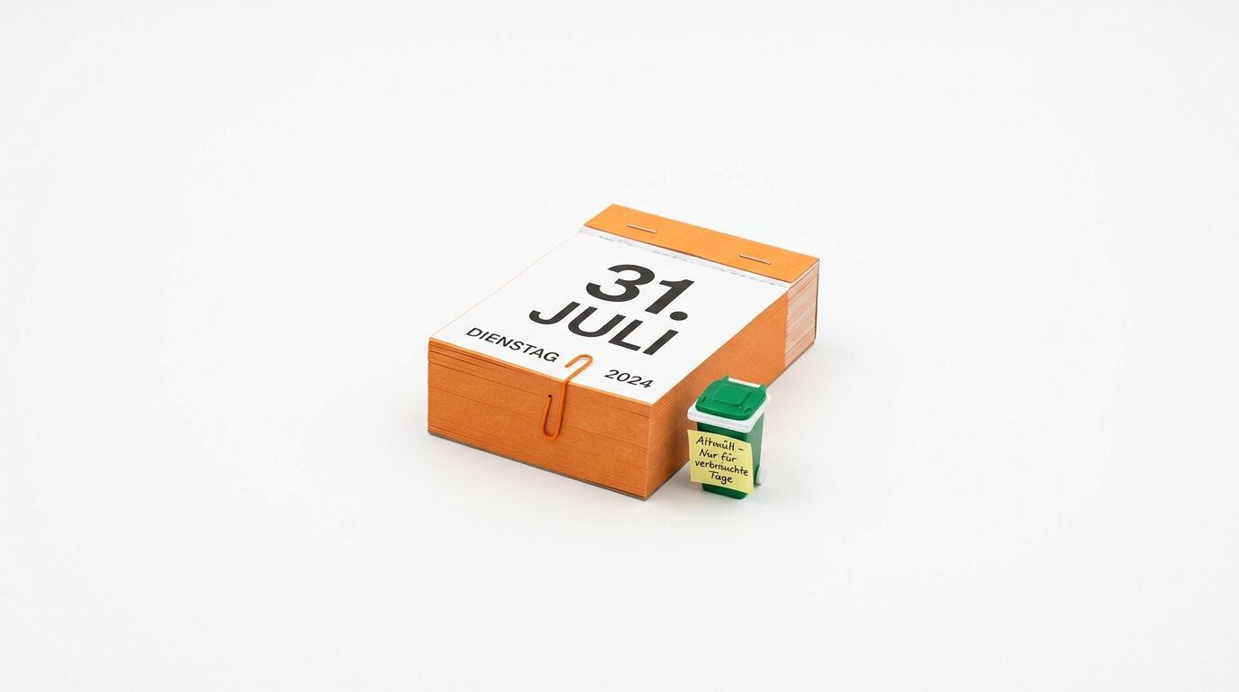 Abreißkalender „Dienstag 31. Juli 2024“ und eine kleine grüne Mülltonne auf Weiß