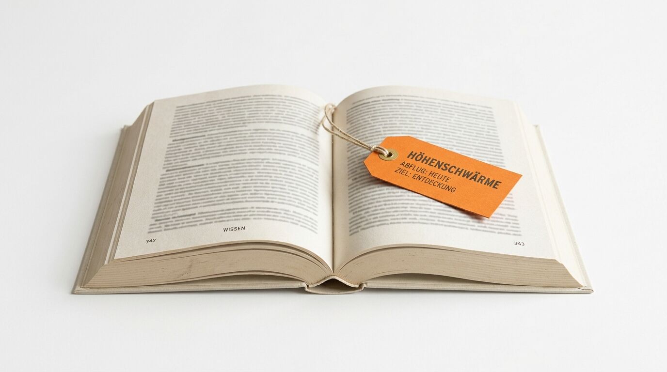 Aufgeschlagenes Buch mit orangefarbenem Anhänger und Text auf weißem Hintergrund