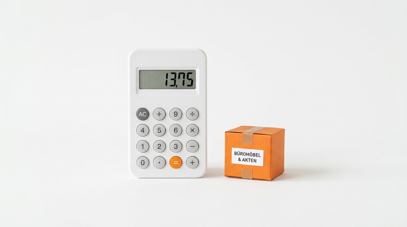 Weißer Taschenrechner und kleiner orangefarbener Karton mit Aufschrift auf weißem Grund