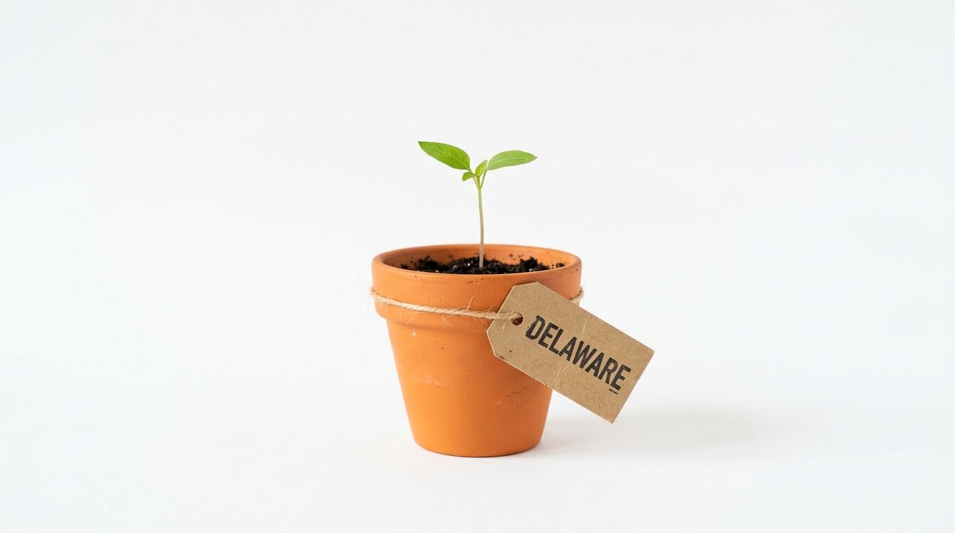 Ein winziger Setzling wächst in einem Terracotta-Topf mit einem Schild mit der Aufschrift „DELAWARE“ darauf