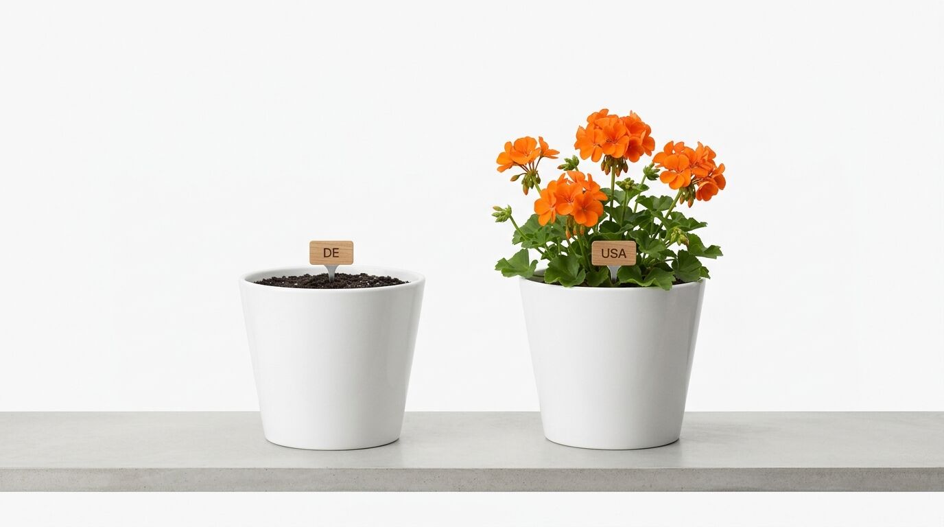 Ein leerer Topf mit 'DE' Schild neben einem Topf mit oranger Blume und 'USA' Schild