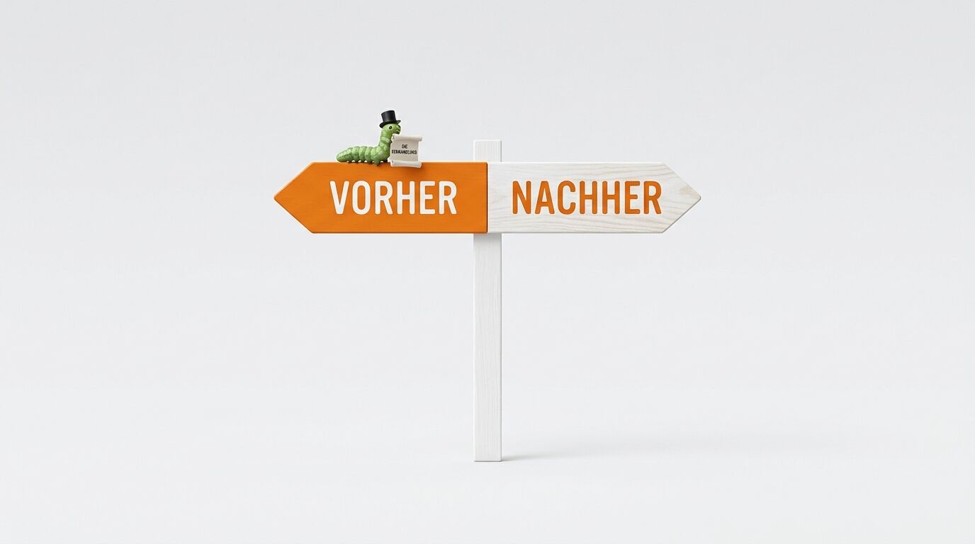 Wegweiser: links orange „VORHER“, rechts weiß „NACHHER“, Raupe mit Zylinder