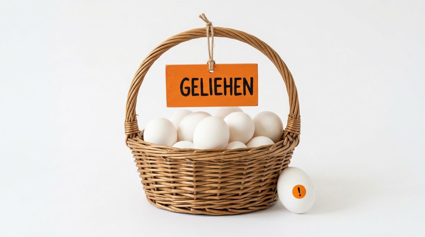 Korb mit Eiern, Schild „GELIEHEN“ und einem Ei mit Ausrufezeichen
