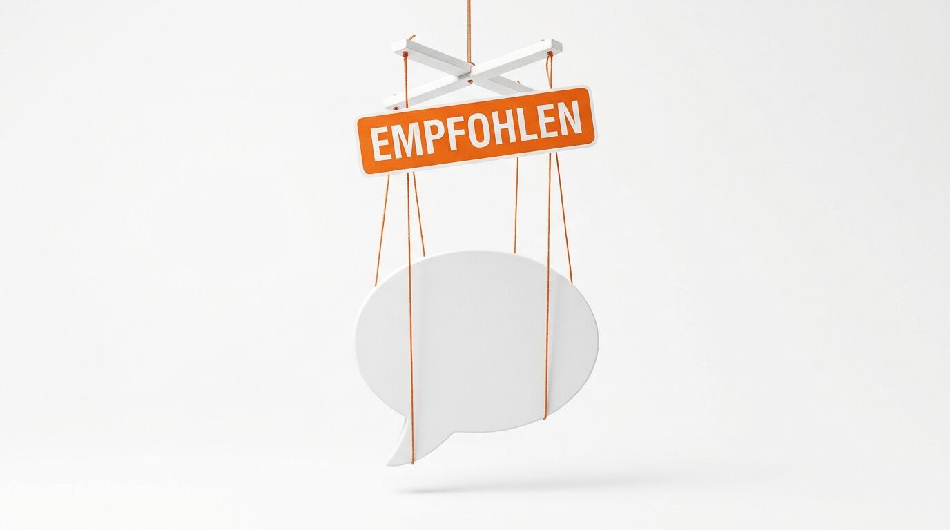 Sprechblase und Schild „EMPFOHLEN“ an Fäden, an einem Marionettenkreuz hängend, weißer Grund
