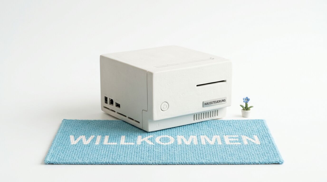 Weißer „Haussteuerung“-Computer auf blauer „Willkommen“-Matte neben kleiner Blume