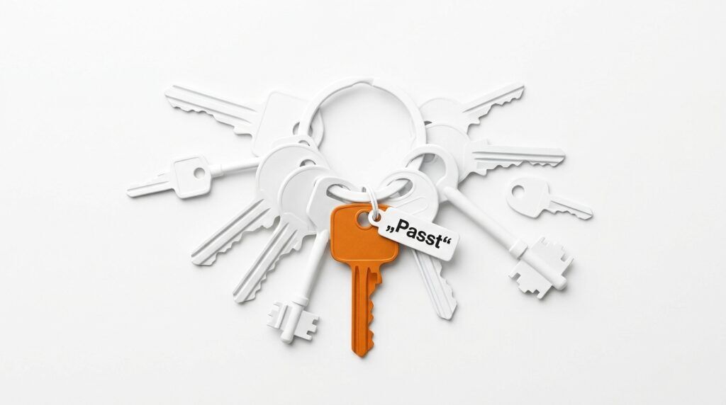 Weißer Schlüsselring mit vielen Schlüsseln und einem orangefarbenen Schlüssel mit Anhänger „Passt“ als Sinnbild für die passende Programmiersprache