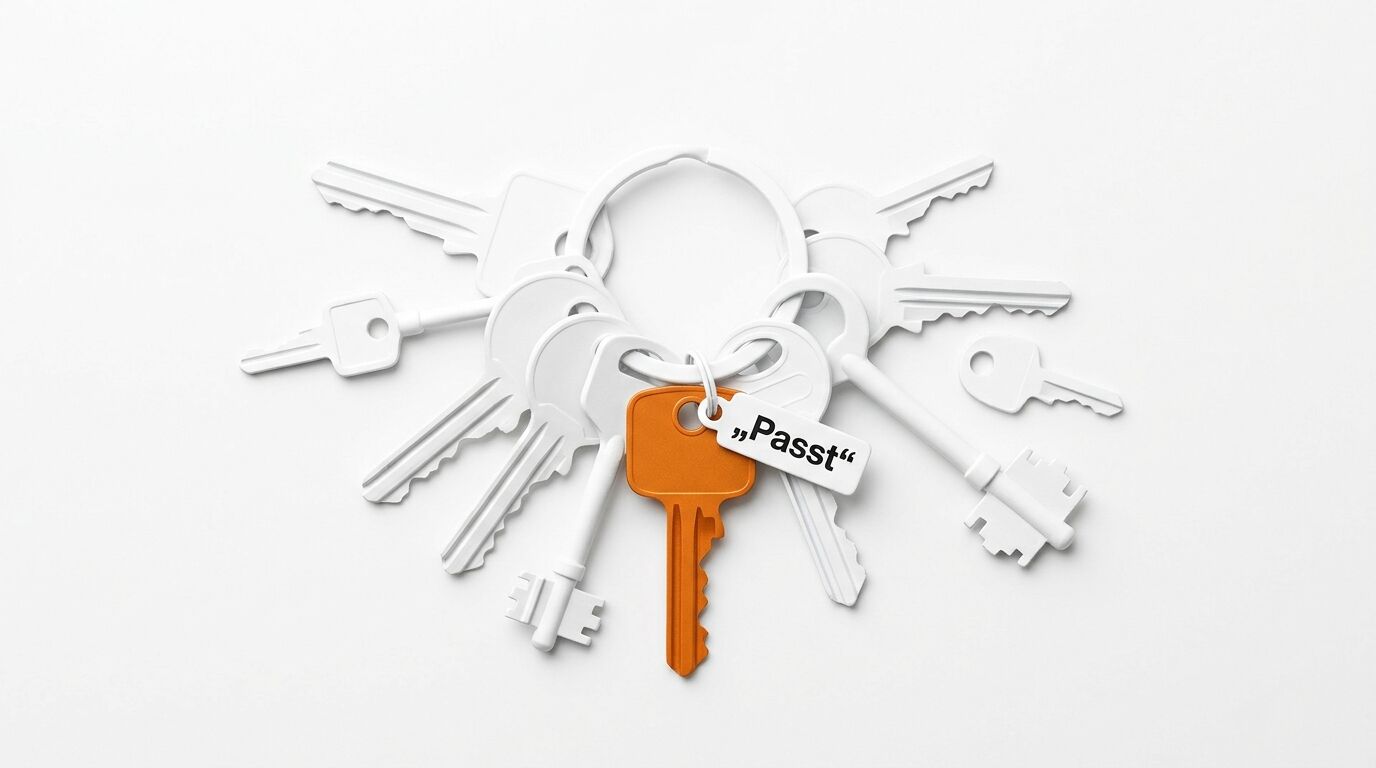 Ein Schlüsselbund mit weißen Schlüsseln und einem orangefarbenen Schlüssel mit dem Anhänger „Passt“