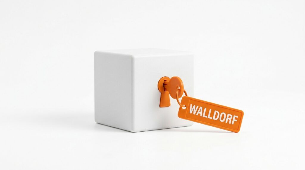 Weißer Würfel mit orangefarbenem Schlüssel im Schloss und Anhänger „Walldorf“ als Sinnbild für die enge Kundenbindung von SAP
