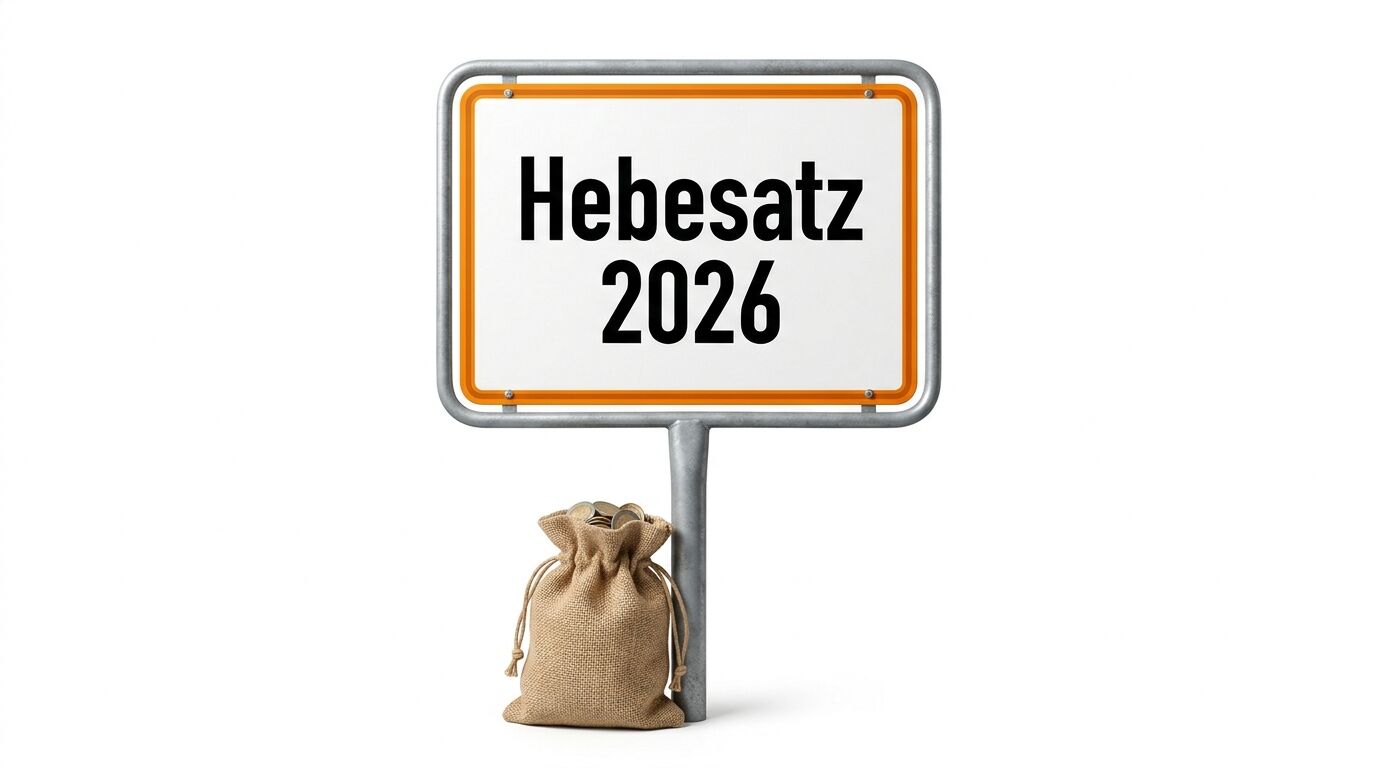 Schild „Hebesatz 2026“ und ein gefüllter Geldsack vor weißem Hintergrund