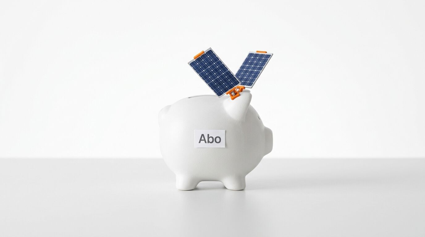 Weißes Sparschwein mit Solarpanels auf dem Rücken und dem Wort „Abo“ an der Seite
