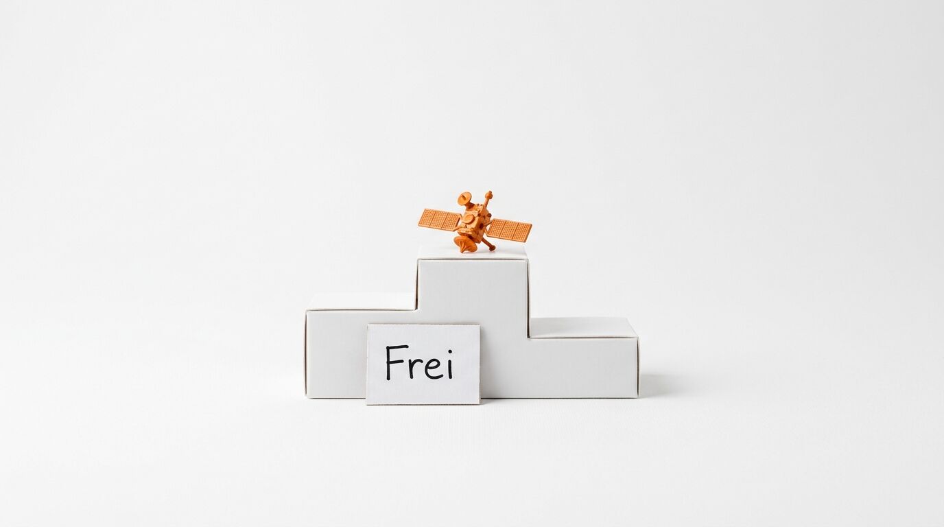 Modell eines Satelliten auf einem weißen Siegerpodest mit der Aufschrift „Frei“