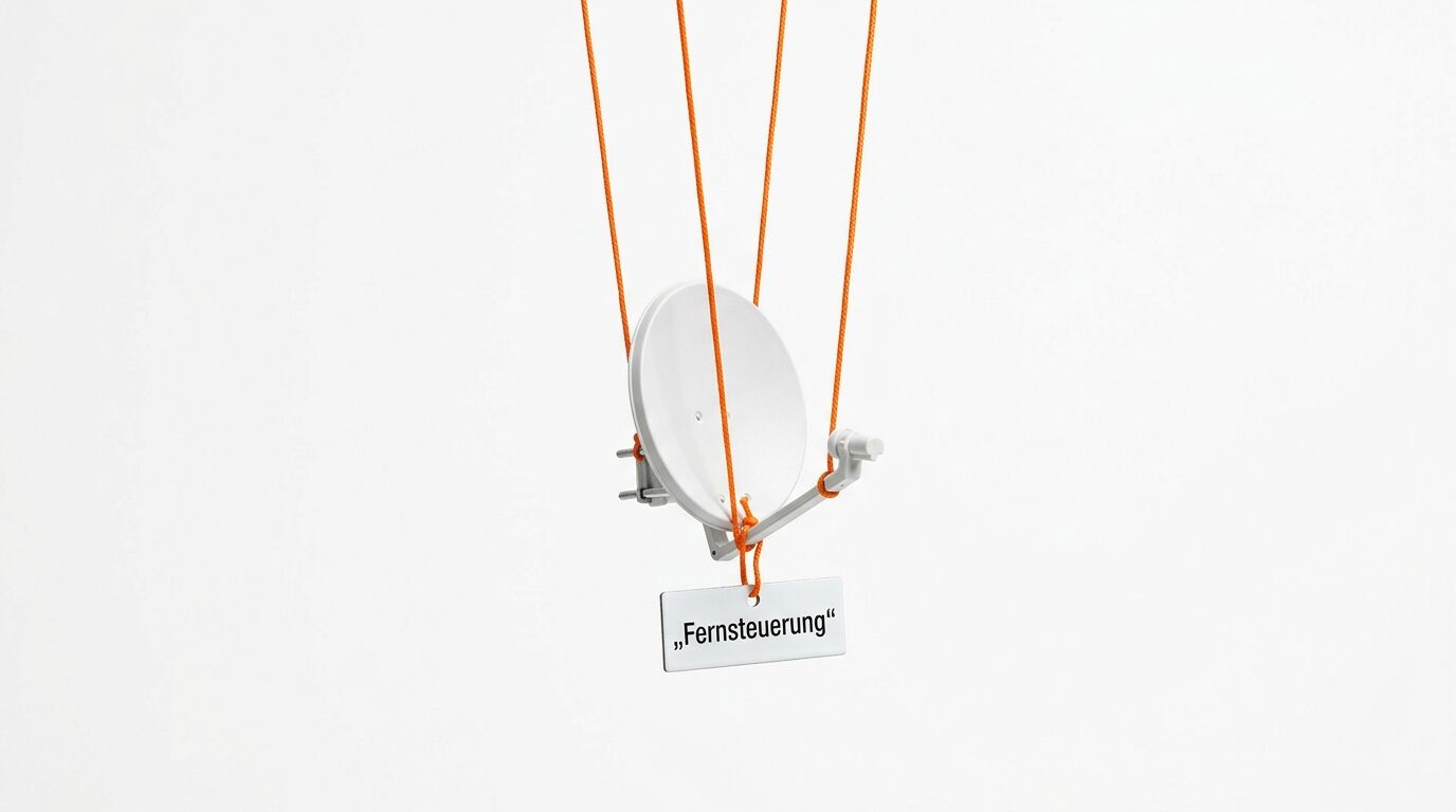 Eine Satellitenschüssel mit einem Schild „Fernsteuerung“ hängt an orangefarbenen Seilen