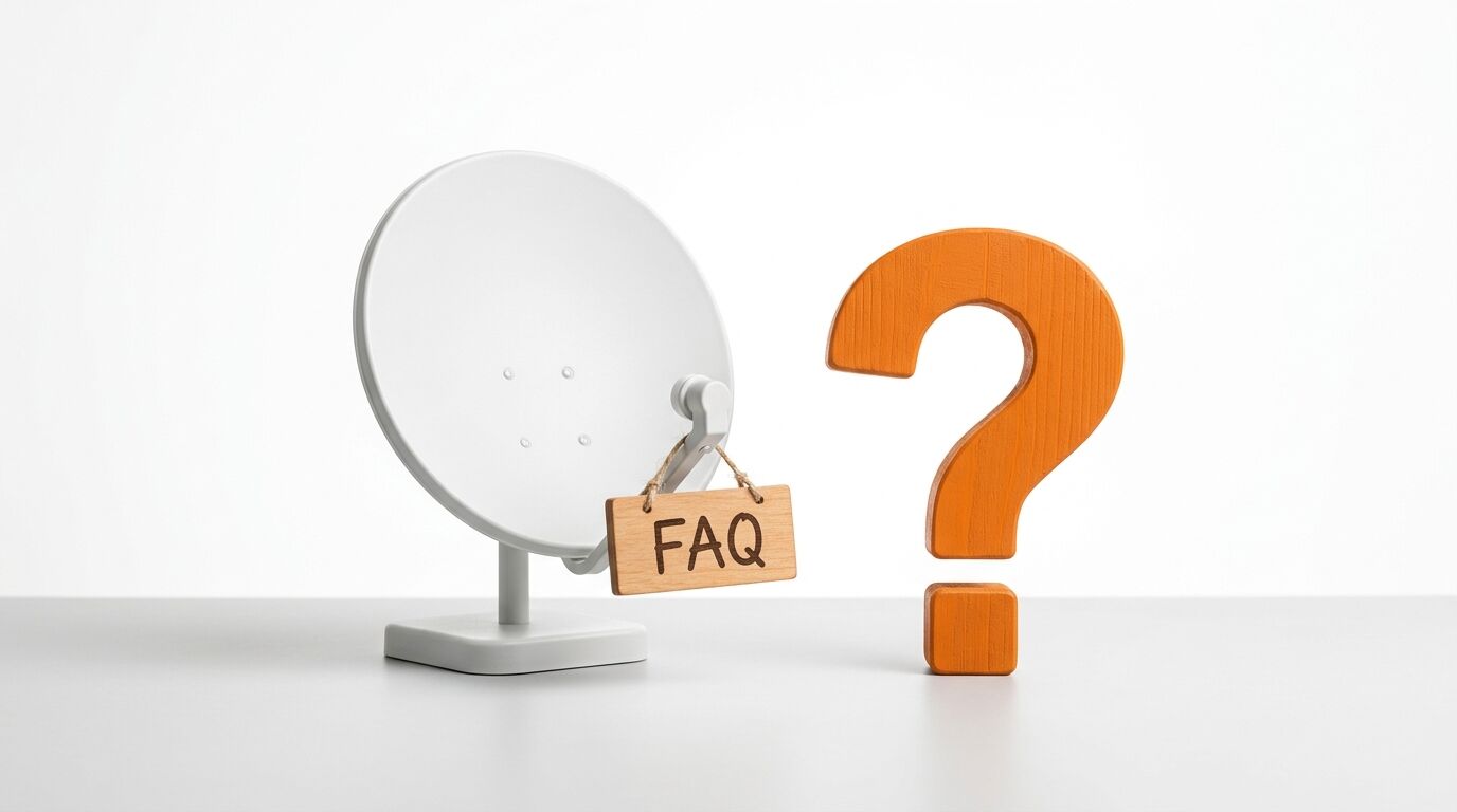 Eine weiße Satellitenschüssel mit einem FAQ-Schild daneben und einem orangefarbenen Fragezeichen daneben, alle auf einer flachen Oberfläche