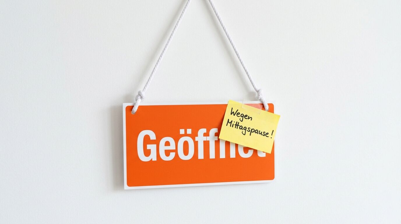Hängendes orangefarbenes Schild mit „Geöffnet“ und Notiz „Wegen Mittagspause!“