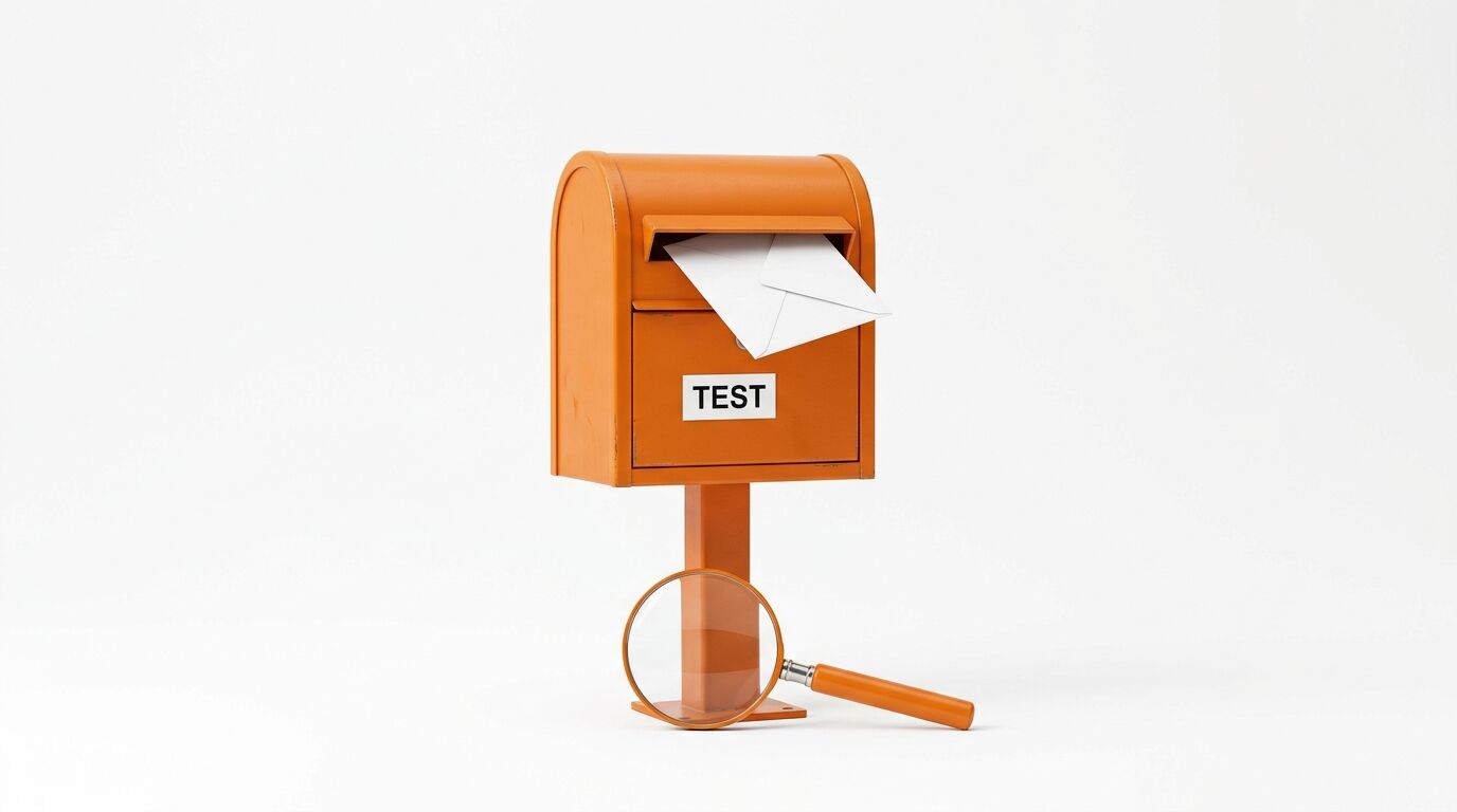 Oranger Briefkasten mit Brief und Aufschrift „TEST“ sowie Lupe vor weißem Hintergrund