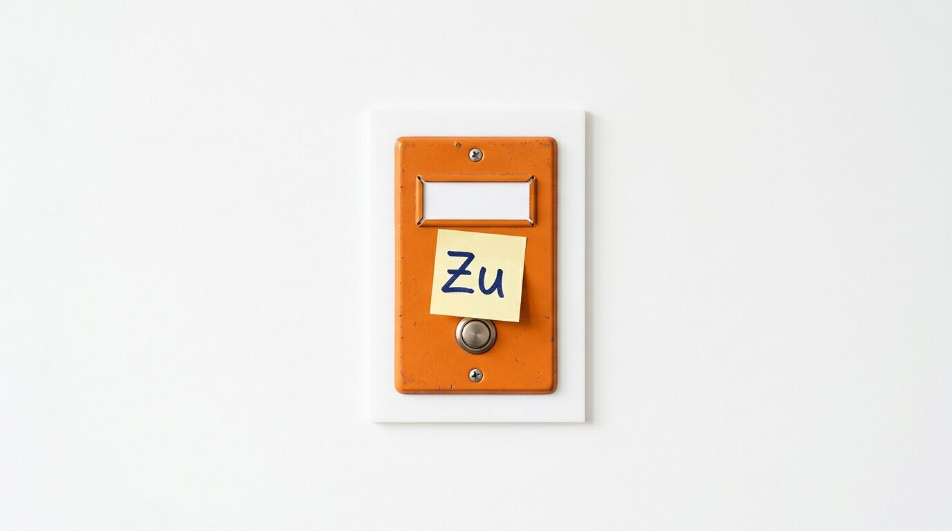 Orangefarbenes Klingel- und Namensschild mit Notizzettel „Zu“ auf weißer Wand