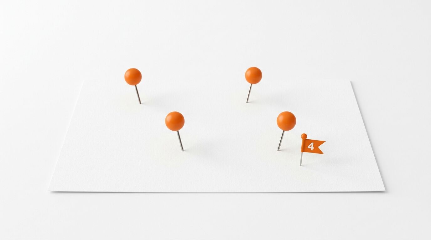 Vier orange Kugelstecknadeln und eine orange Fähnchen-Nadel mit der Nummer 4 auf Papier