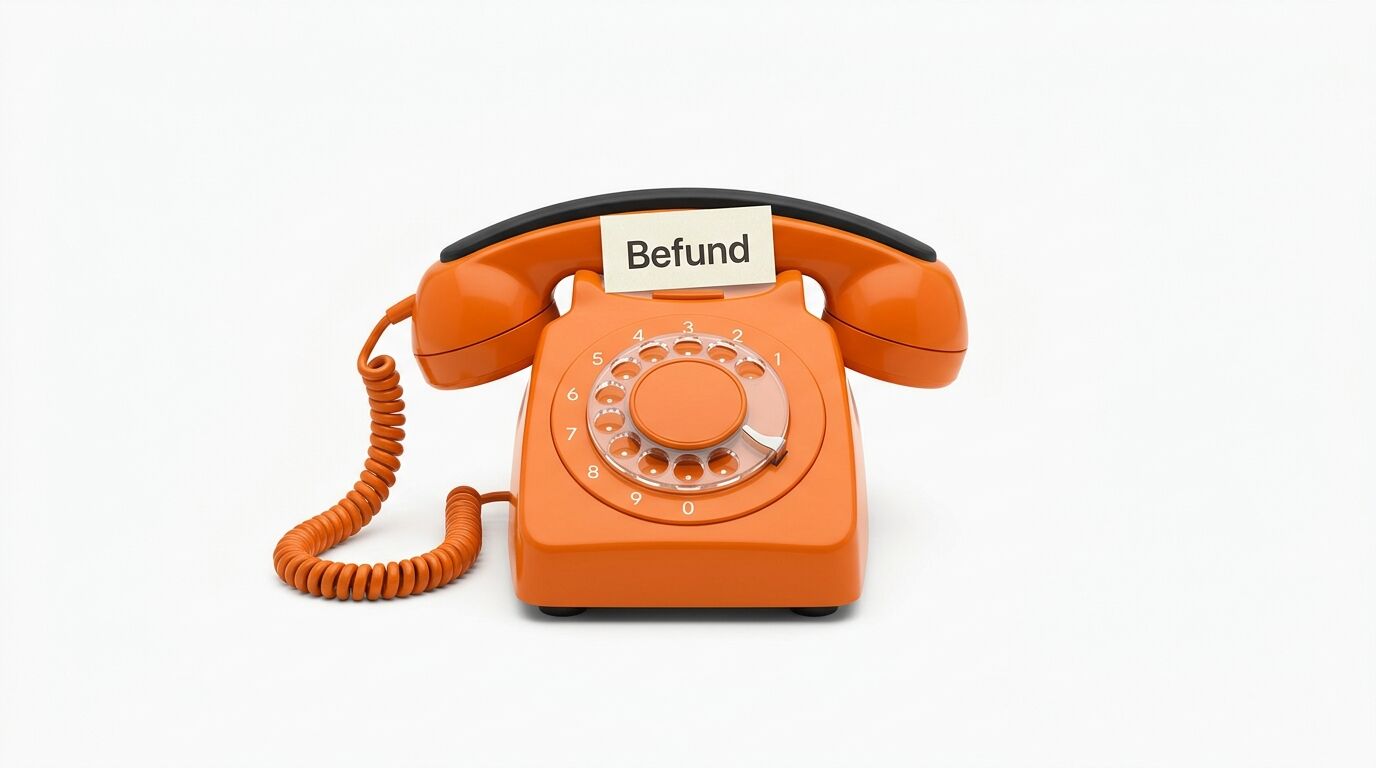Oranges Wählscheibentelefon auf Weiß mit einem Schild „Befund“ am Hörer