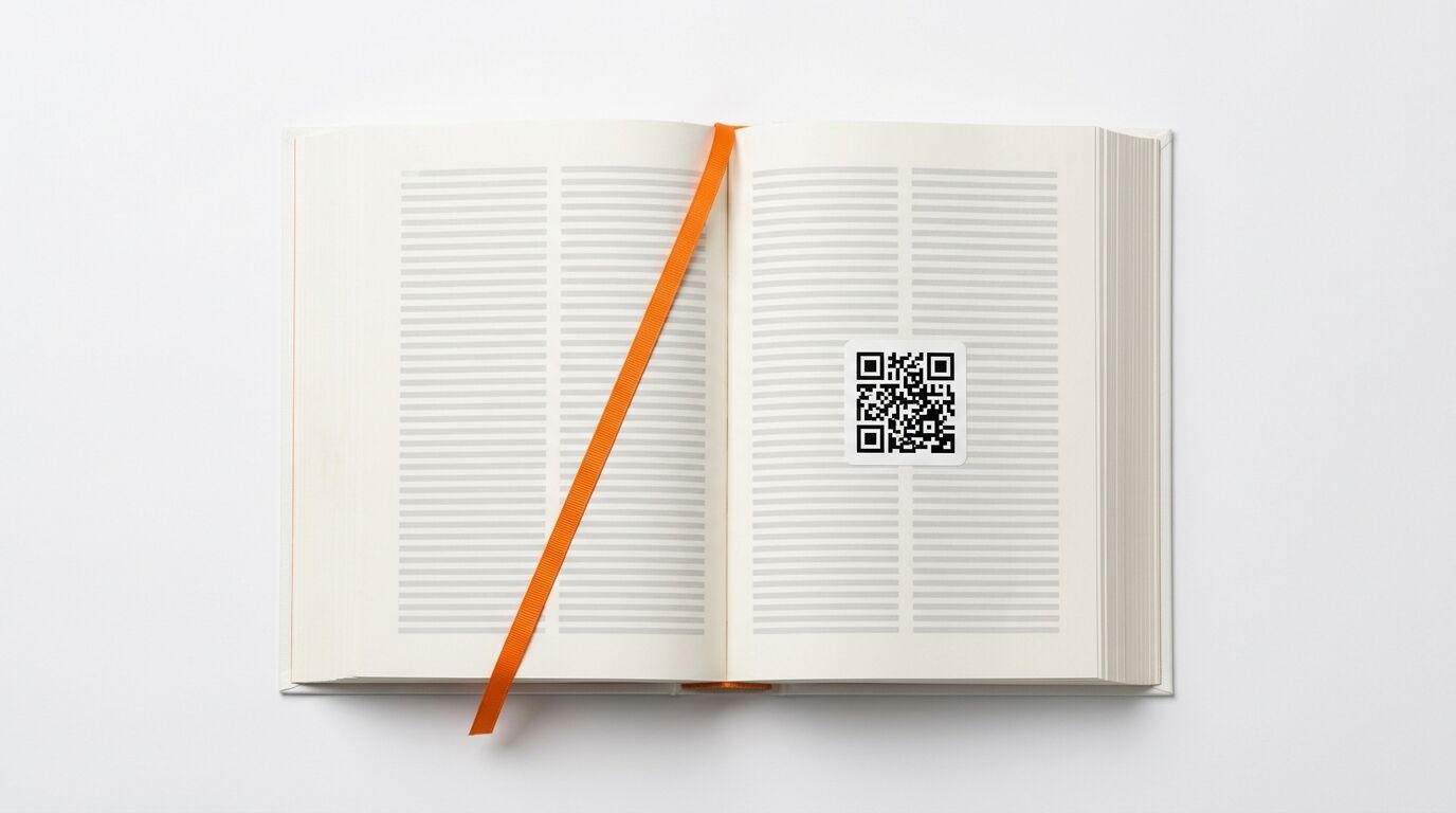 Ein aufgeschlagenes Buch mit einem Lesezeichen-Band und einem QR-Code
